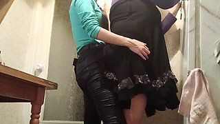 I’m Fucking My Married Neighbor Hard with a Strap-on in the Kitchen While Her Husband Watches TV