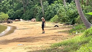 Homemade Beach Handjob & Accidental Cumshot on Blonde Wife - Outdoor Public Sex