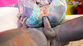 Tattooed ladies share a hard tattooed penis in wild 3 way