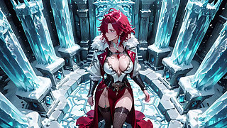 Red-haired Sorceress makes a stunning entrance in the Crystal Hall, robe slightly open and staff tapping seductively.