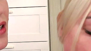 Blonde and Brunette Sucking Old Fat Cock