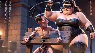 Fat Dominatrix Whips Slaves Caged Penis - Extreme Humiliation