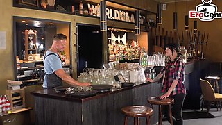 German slut does handjob with a strange man