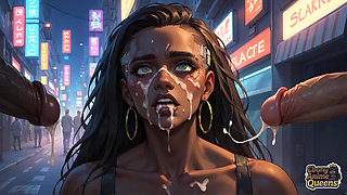 Cybernetic Ebony Queen's Milk Gushing Orgasm in Neon City! Warm Dark-hued Hardcore Porn!