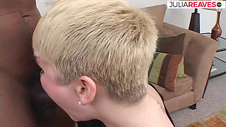 Blonde sucks a huge black cock then gets a mouth cumshot