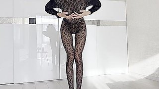 Skinny Slender Girl Try-on Bodystocking. Tight, Shiny & Thin Curves