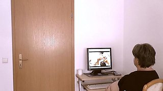 Horny granny gives a blowjob and get cum on tits