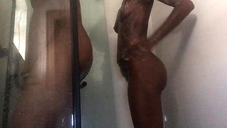 Watch as Ebony Teen Goddess  takes shower After  Fucked By BBC soapy  Shower
