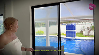 Hot Granny Masturbates While Watching Her Two Stepdaughters Touching Each Other in the Pool