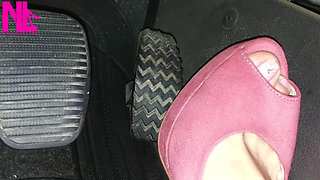 Barefoot Driving and Revving in Vivid Pink High Heeled Sandals