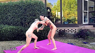 Oil Sex Wrestling with Strap on Punishment Round - Mars Solo & Parker Skyes Get Naked and Oiled up and Compete with Scissorholds