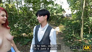 Hunt4k. red haired whore cheated on her bf in public and toyed with her Natural Tits