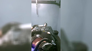 The Slave Suffers with a Breathing Mask During Hard Dilation.