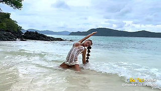 Monika Fox in Slutty White Dress on Beach