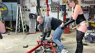 French Pegging - Garage of Humiliation: the Boss Orchestrates a Memorable Punishment with His Dominatrixes