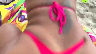 Chubby beach babe making her ass jiggle on his dick in POV