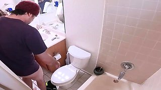 Masturbating stepmom in the bathroom invites stepson in for