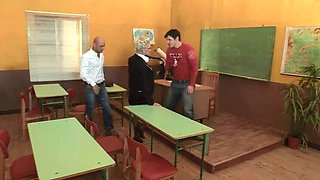 Teacher Rewards Student at Desk with Big Tits Blonde Anal DP