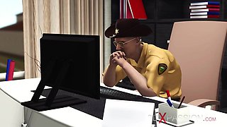 Sheriff. Episode 3. Fuck machine and sexy busty brunette in cuffs in the basemant - Fetish