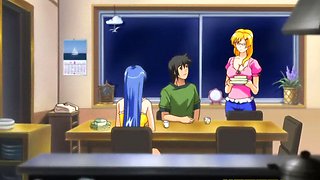 Blondes with big boobs in a steamy anime threesome on the bed