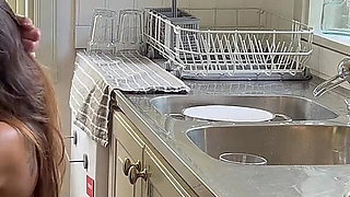 Husband Gets Horny Watching Hot MILF Wife Doing the Dishes, Takes Her From Behing and Gives His Load
