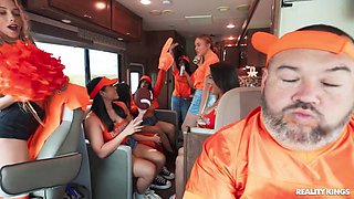 Crazy College GFs: Horny Cheerleaders Traveling Fan Fuck Fest with Brunette Emerald Loves - Threesome Orgy