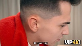 Vip4k. russian bitchy dark haired is having Double Penetration fun in front of her husband