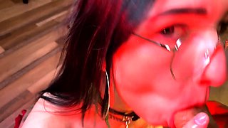 Brunette jerks big cock and receives facial