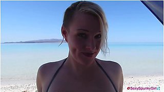 Bikini Blowjob : Boyfriend Covers My Tits With Cum At The Beach - Mister Spunks