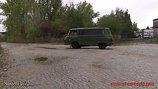 A Blonde Imprisoned Girl Has to Run Beside the Police Bus Leashed and Driven by Lashes