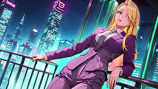 Blonde Boss in Purple Suit! Cyberpunk City Vs. Private Bedroom Contrast, Lazy Poses, Finger on Lips, Body Already Soaked!