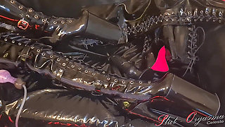 Slut-orgasma-Celeste smoking in sexy latex and leather extreme platform boots