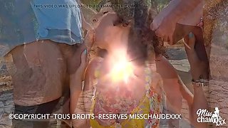 French amateur threesome outdoor sex with big natural tits and facial