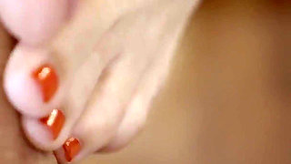 Curly Blonde MILF Milks Him with Oiled Feet