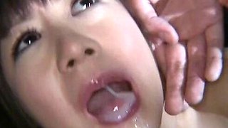 As Shino's tight slit gets invaded by two men, her pretty face is filled with their loads