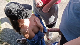 In the Parking Lot, Two Strangers Masturbate and Cum on Their Tits, Handjob