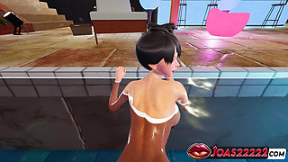 Wet Girl Kanya in Pool - 3D Animation Cowgirl Sex for Her Big Wet Ass, POV Missionary on Chair with Loud Moans