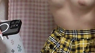 Camera Under the Desk, Slender Japanese Girl in No Bra Mini Skirt Student Uniform, Wedgie Thong Panties and White Socks