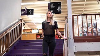 Sensuous blonde teen flashing her perky tits in public