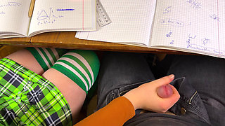 Schoolgirl Giving Him Handjob in Math Class Under the Table at College. Risky Masturbation in a Public Class.