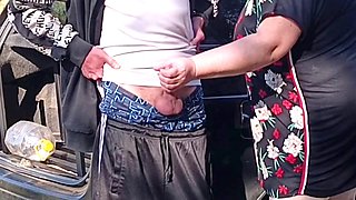 Public cum, public blowjob, jerk cum
