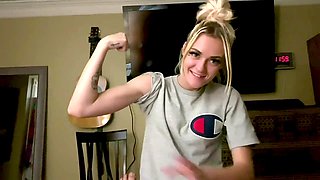 Skinny blonde cutie gives a sassy blowjob before getting her pussy pounded