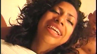 Ebony bitch gets her hairy cunt licked before stud pounds her in bed