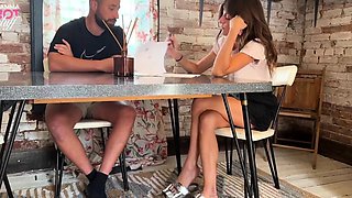 Tattooed busty brunette with foot fetish does hot footjob