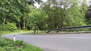 Jerking off in Public on the Road Near a Spring, Caught by a Young Man Masturbating Completely Naked
