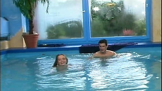 Beautiful Teen with Tight Pussy Fucked in the Pool and Cumshot by Two Big Cocks