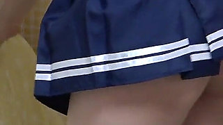 Under the Desk in Girls' Apartment, Skinny Cute Japanese Girl in Miniskirt, No Bra Apron Style Student Uniform, Thong Panties
