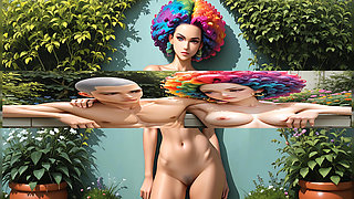 Athletic Nude Martial Artist with Rainbow Buzz Cut in Thunderstorm Garden