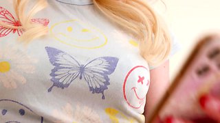 Small titted blonde stimulates herself with toy