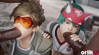 Tracer & Kiriko - Big Black Cock Sloppy Blowjob & Cowgirl 3D Animation